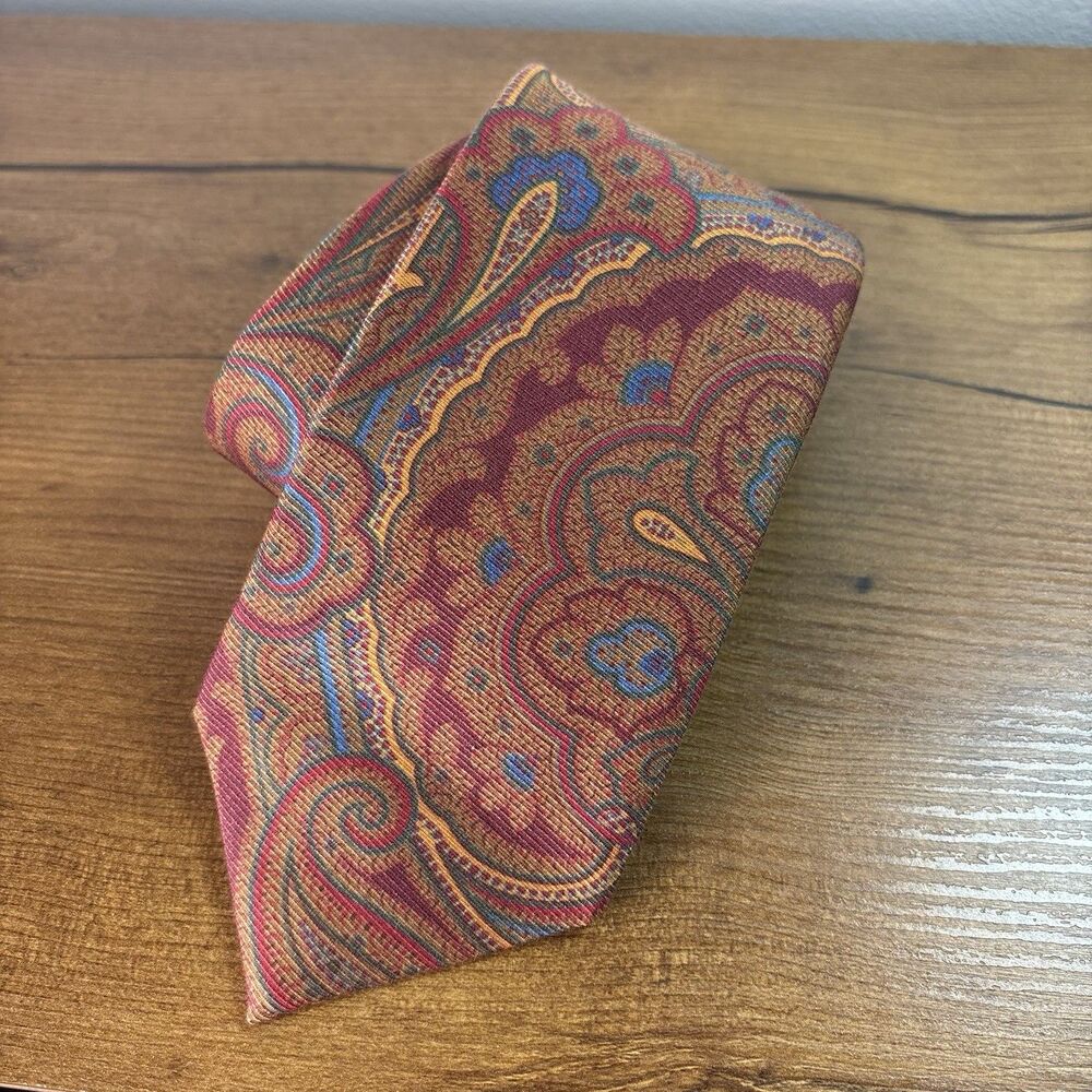 Robert Jensen Mens Silk Necktie Burgundy Red Blue Gold Paisley Pattern Italian - Picture 2 of 8